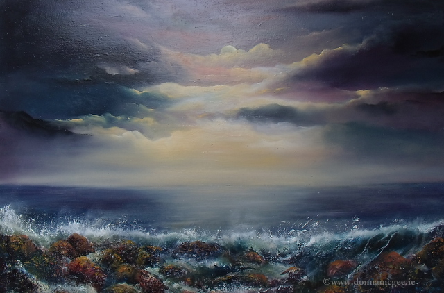 Waters Edge, Oil on canvas 20 x 30" Atlantic Ocean waves crashing against rocks